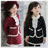 韩国童装女童秋装2015新款 气质款小香风格子外套+裙裤 儿童套装