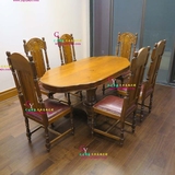 仿古古典家具饭桌柚木餐桌 圆形餐桌椅组合 美式实木圆台圆桌椅子