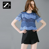 ZK镂空拼接短袖蕾丝衫时尚显瘦名媛气质短款上衣2016夏季新款女装