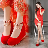 2016新款坡跟单鞋超高跟女鞋红色结婚鞋婚礼红鞋性感中国风新娘鞋