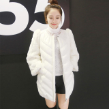 2015中长款PU皮拼接兔毛袖冬装棉衣女新款韩版仿皮草修身气质外套