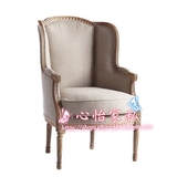 欧式实木雕花单人沙发美式复古做旧布艺休闲椅新古典简约老虎椅子