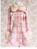 毛呢大衣特价粉红大布娃娃正品秋冬中长款毛领粉色格子毛呢外套女