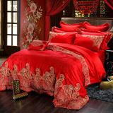 套大红贡缎刺绣结婚床品套件六八十多件套全棉提花1.8m床婚庆四件
