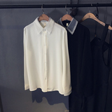 2016春款 绣花蕾丝领雪纺拼接打底长袖修身女式衬衫黑色白衬衫OL