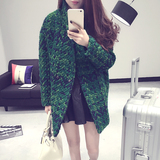 2016春季新款韩版女装宽松呢子大衣绿色中长款气质格子毛呢外套潮