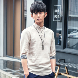 夏季韩版修身亚麻短袖衬衫男七分袖白衬衣棉麻立领中袖T恤寸衫潮