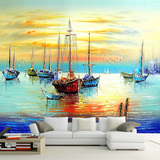 大型壁画壁纸客厅玄关过道背景墙纸欧式地中海风景帆船油画