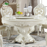 欧式餐桌大理石圆桌8人 实木餐桌椅组合6人 白色饭桌带转盘1.35米