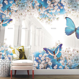 立体大型无缝壁画 餐厅客厅沙发电视背景墙纸3D个性壁纸 蓝色蝴蝶