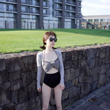韩国代购露背比基尼女游泳衣条纹显瘦高腰遮肚泳装温泉保守bikini