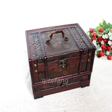 中式仿古带锁木制首饰盒复古木质饰品收纳盒古典多层带镜化妆盒