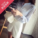 韩国代购2016夏季新款韩版女式白色七分袖上衣显瘦蝴蝶结雪纺衬衫