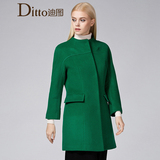迪图品牌专柜绿色圆领中长款大衣毛呢外套显瘦韩版冬季呢子大衣女