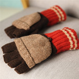 沛锦 秋冬季新款羊毛手套撞色翻盖保暖半指护腕针织毛线男士手套