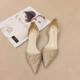 韩版女式鞋子复古性感亮片水钻蝴蝶结侧镂空尖头低跟单鞋金色银色