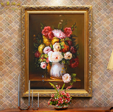 欧式油画纯手绘古典牡丹花卉装饰画客厅玄关餐厅卧室竖版美式挂画