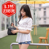 韩版衬衫女装夏季修身显瘦v领百搭中长款荷叶袖收腰短袖白色上衣