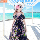 2016夏仙女神露肩雪纺吊带海边度假沙滩裙显瘦波西米亚长裙连衣裙