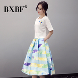 BXBF2016夏新款短袖连衣裙中长款高腰印花套裙两件套宽松大码显瘦