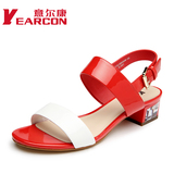 YEARCON/意尔康女鞋2015夏季新款真皮韩版水钻中跟露趾女凉鞋
