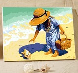 自油自画创意手工礼物DIY数字油画数码自己填色人物女孩沙滩 赶海