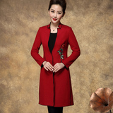 2016春秋新款羊毛呢子刺绣婚宴妈妈装外套大码风衣中长款红色大衣