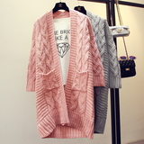 韩国代购女装2015秋冬新款纯色粗针麻花编织直筒宽松针织毛衣外套