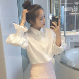 女士衬衫2016韩版春装新品娃娃翻领显瘦白衬衣纯棉灯笼袖短打底衫