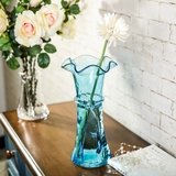 包邮 创意束腰 欧式浮雕透明玻璃彩色花瓶波浪口花器摆件家居装饰