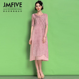 JMFIVE2016春装新款女装复古修身显瘦印花棉麻真丝连衣裙夏中长款