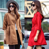 2015秋女装韩国版甜美麂皮绒七分袖高腰裙摆型中长款风衣外套大衣