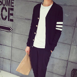 2016春季新款 韩版时尚潮流条纹袖男士休闲必备长袖针织开衫