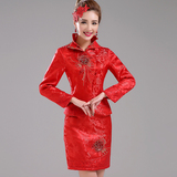 红色中式长袖加棉旗袍冬装时尚改良短款冬季结婚礼服新娘敬酒服冬