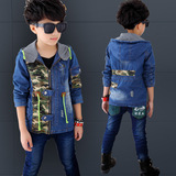 新品促销韩版中长款男童牛仔拼接外套儿童风衣外贸童装