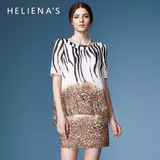 海兰丝2016夏装新款韩版假两件大码印花连衣裙宽松豹纹短袖中长裙