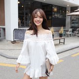 2016韩国代购夏季甜美一字领蕾丝拼接荷叶边娃娃衫纯色气质女上衣