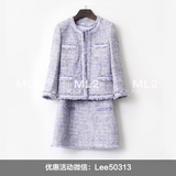 ML2 小香风 紫色圆领7分袖精致镶边短外套 显瘦连衣裙 修身套装