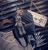 韩国新款韩版简约菱格绣线小熊挂件双肩包小背包休闲旅行女包书包