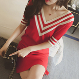 韩国2016春装新款女装小香风修身性感V领针织中裙夏季红色连衣裙