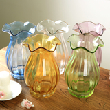 新古典欧式彩色玻璃花器花盆 仿真花插摆件马蹄莲口浮雕花瓶 小号