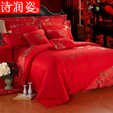 纯棉刺绣花大红婚庆四六多件套中式结婚床品被套床单贡缎床上用品