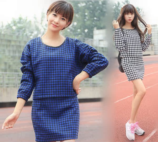 欧洲站小香风早秋新款套装女大码长袖千鸟格套装裙明显戚薇同款