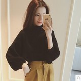 韩国纯色半高领蝙蝠袖套头毛衣女韩版宽松短款加厚羊绒衫针织衫秋