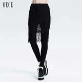 Oece2015冬装新款女装 复古水溶流苏蕾丝假两件针织打底裤长裤冬