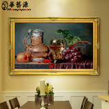 华艺源手绘油画 酒楼餐厅装饰有框画 横版古典水果酒瓶静物4