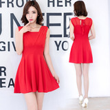 夏季红色连衣裙中长款韩国高腰修身显瘦中裙夏甜美雪纺裙子韩版
