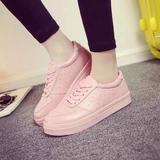 韩版最新款清新女鞋松糕跟厚系带透气吸汗休闲皮鞋运动鞋白粉红色