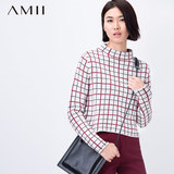 Amii旗舰店女装 秋装新款 女大码短款小高领格纹套头羊毛毛衣