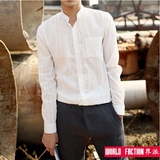 界派特价夏季新款韩版男士修身蕾丝衬衫 亚麻白色薄款长袖衬衫潮
